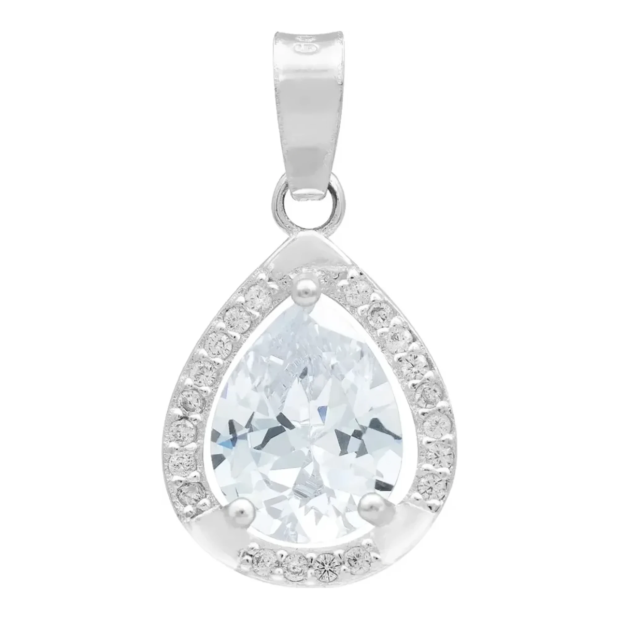 Dije gota plata ley .925 para mujer con zirconias transparentes brillantes, acabado liso y silueta clásica de lágrima fina