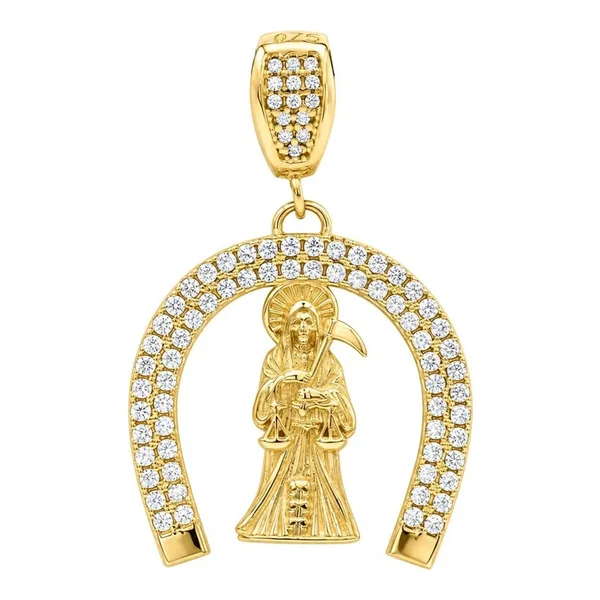 Dije de herradura con Santa Muerte en oro 10k con zirconia incrustada de 30x20 mm - Joyaris