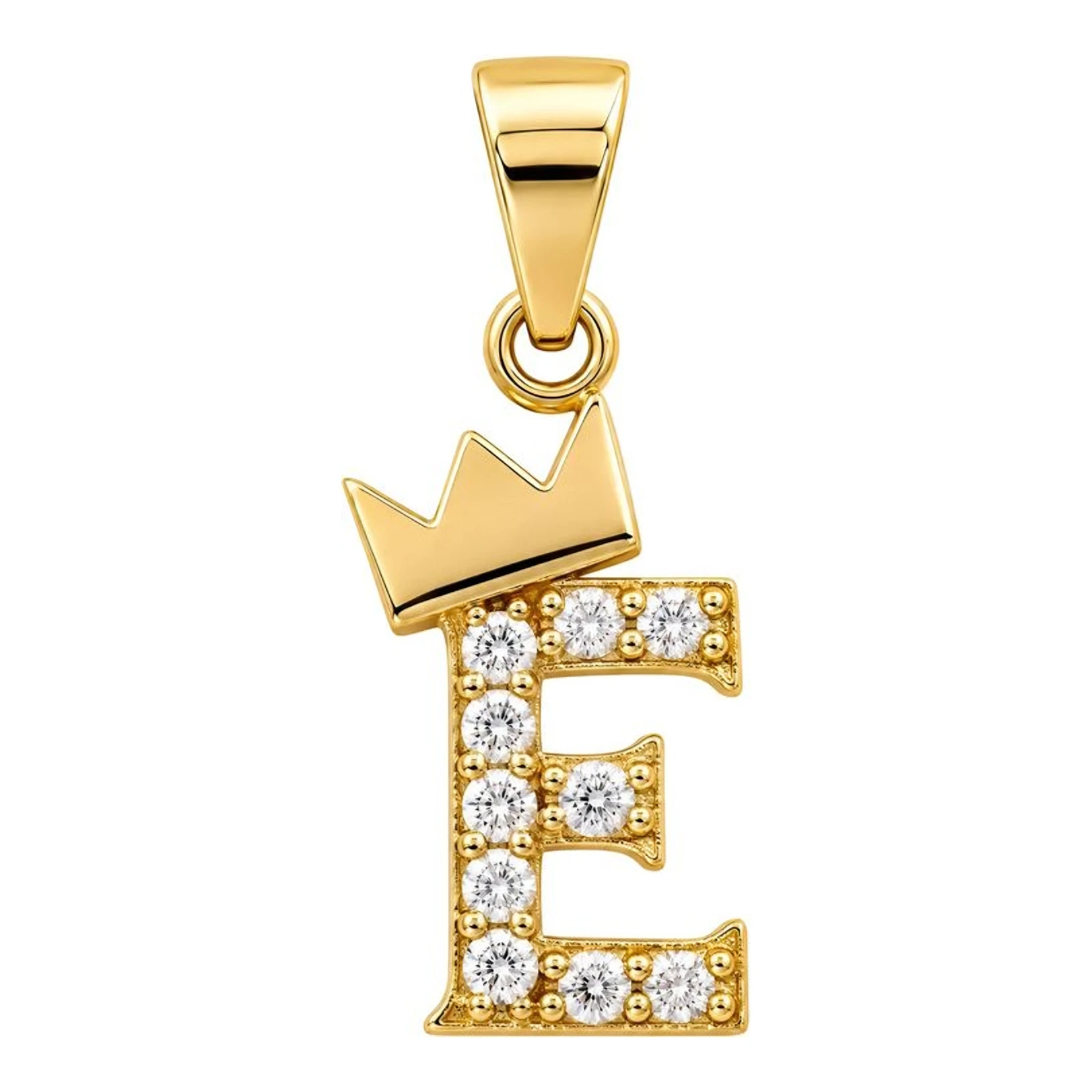Dije inicial letra E con corona de oro amarillo 10k y zirconia blanca de 20 mm - Joyaris joyería mexicana