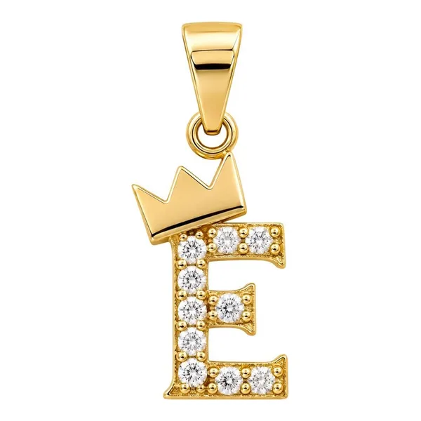 Dije inicial letra E con corona de oro amarillo 10k y zirconia blanca de 20 mm - Joyaris joyería mexicana