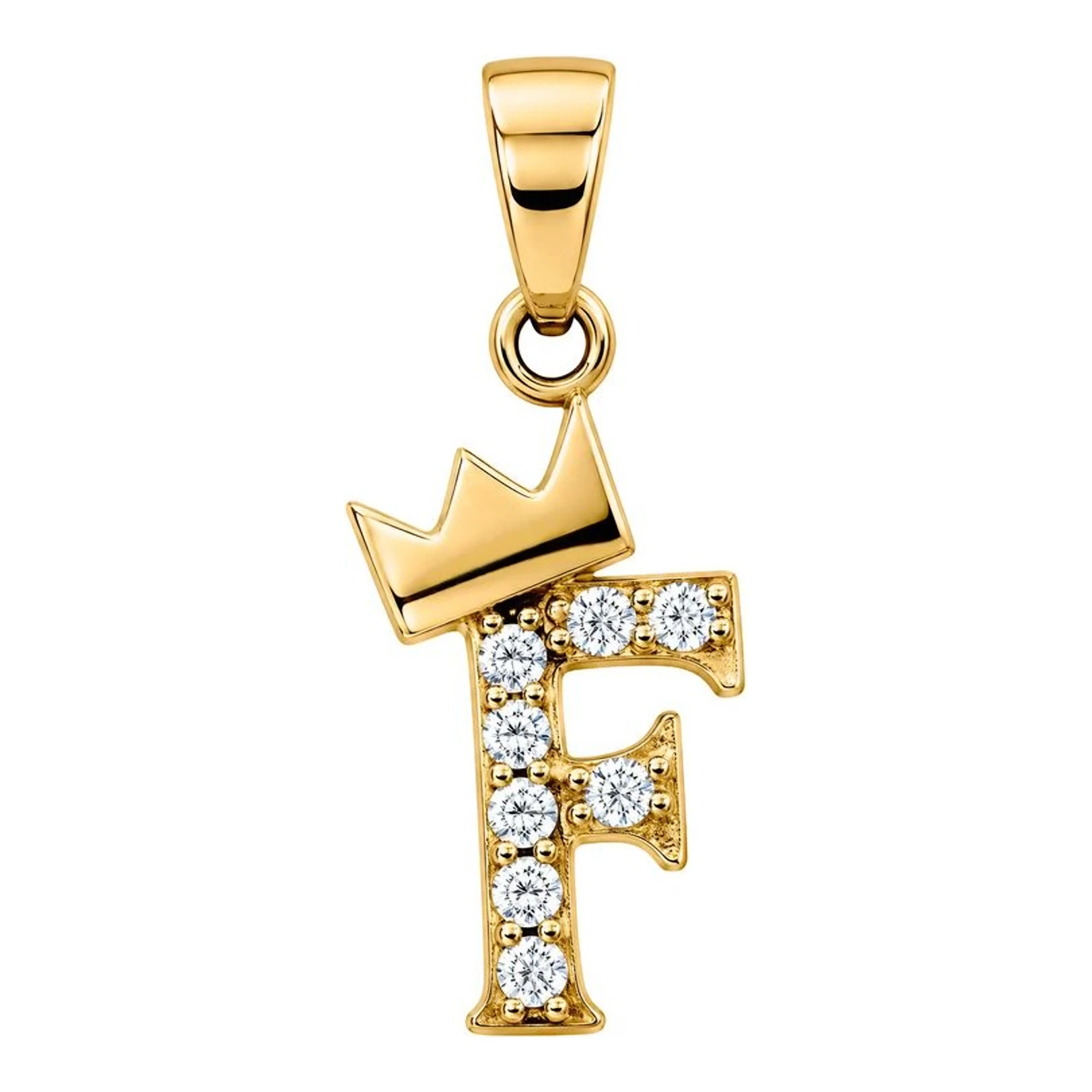 Dije inicial letra F con corona de oro 10k y zirconia blanca de 20 mm - Joyaris joyería fina mexicana