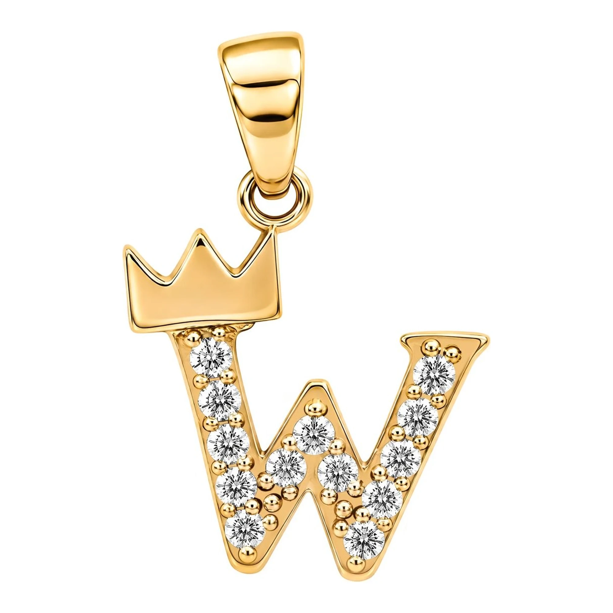 Dije inicial letra W con corona de Oro 10k y zirconias blancas de 20 x 14 mm - Joyaris joyería fina mexicana