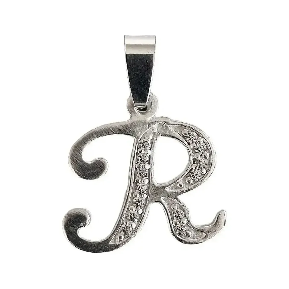 Dije inicial R de Plata .925 certificada con zirconia transparente engastada. Colgante de letra R con circonias, ideal para c