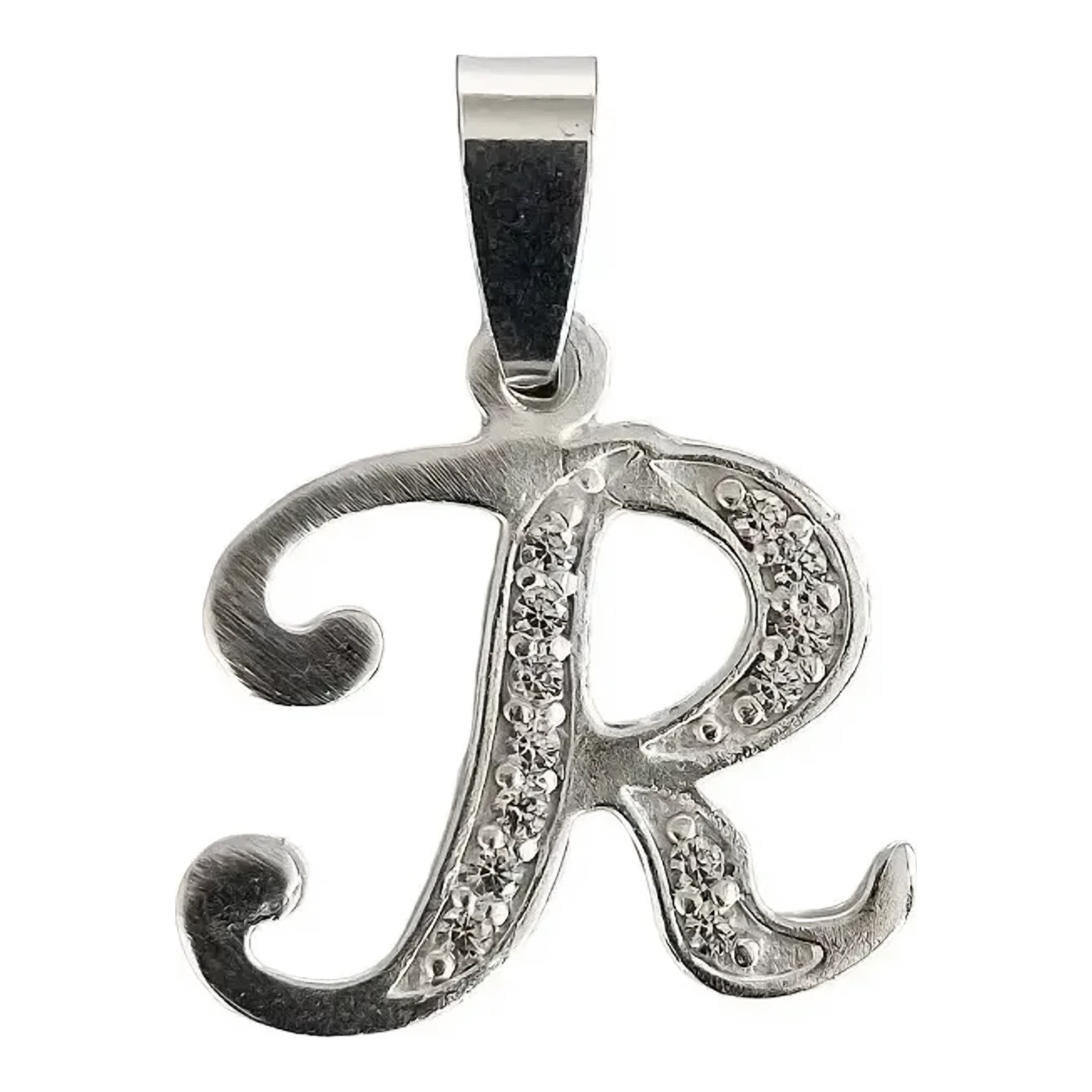 Dije inicial R en plata ley .925 con zirconias transparentes incrustadas, dije abecedario para mujer acabado brillante