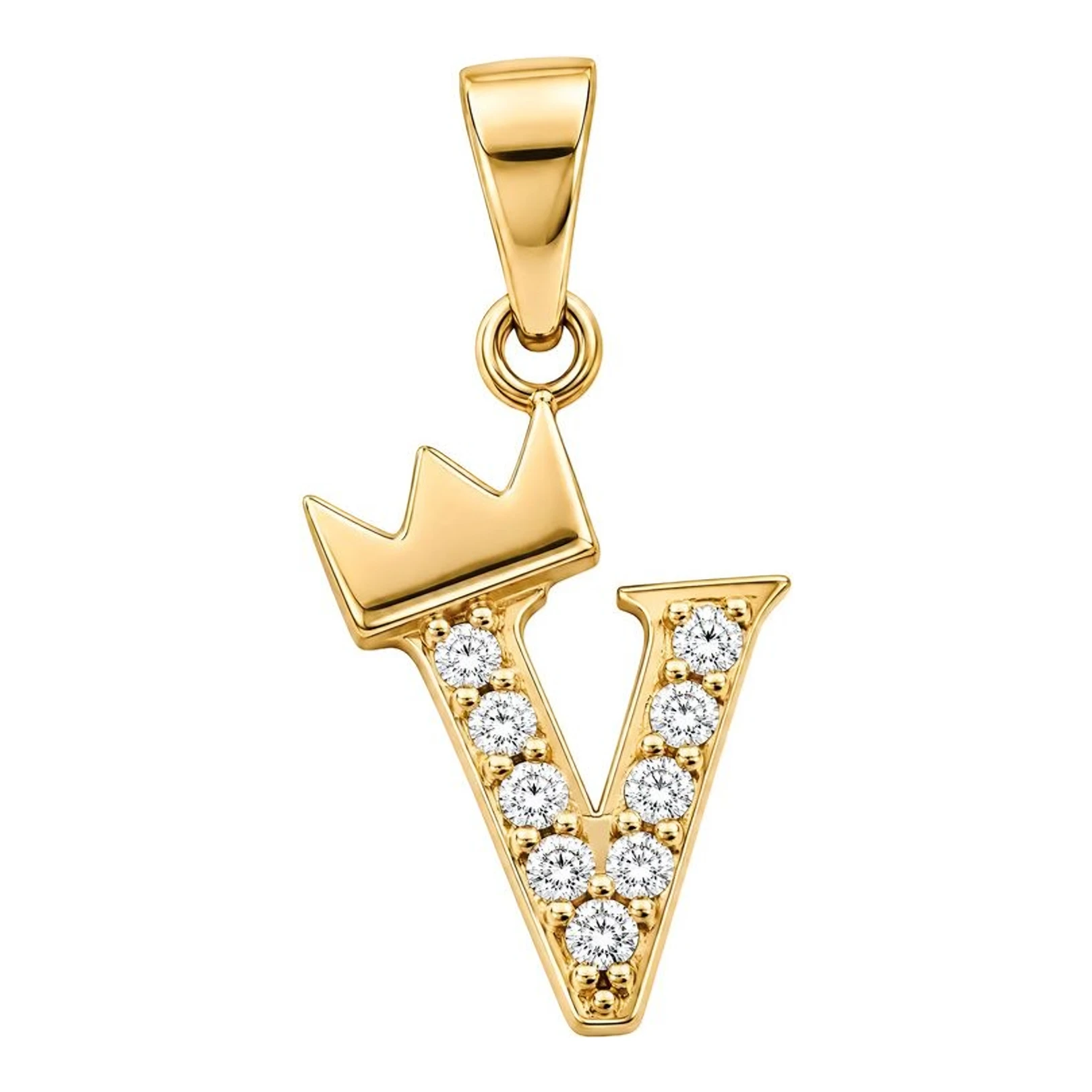 Dije inicial letra V con corona de Oro 10k y zirconias blancas de 20 mm - Joyaris joyería mexicana