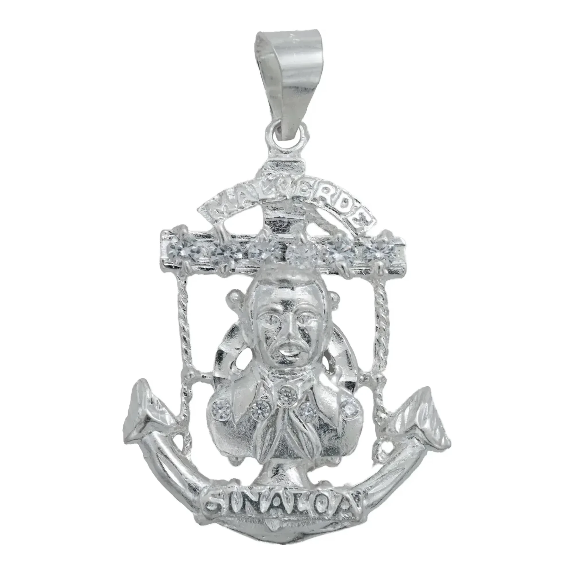Dije Jesús Malverde ancla en plata .925 con zirconias transparentes y broche perico acabado liso para collares masculinos