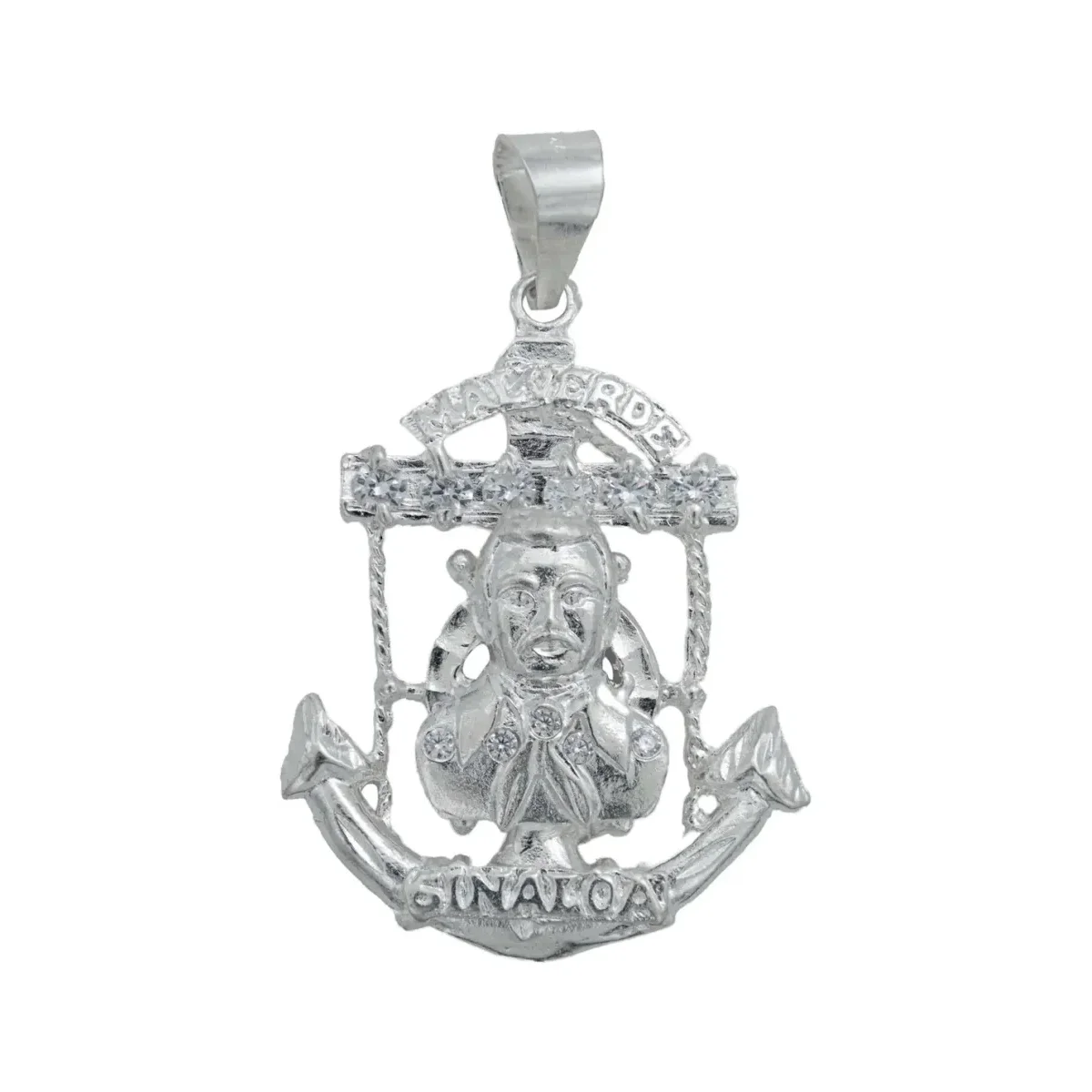 Dije Jesús Malverde Ancla Plata .925 con Zirconia Transparente, joyería masculina, amuleto de protección, dije ancla, collare