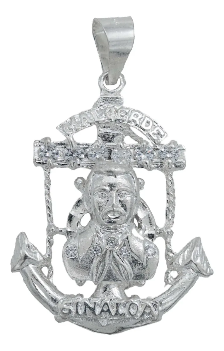 Dije Jesús Malverde Ancla Plata 925 con Zirconia Transparente, joyería masculina plata, amuleto de protección, dije ancla.