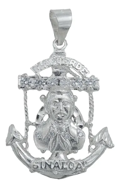 Dije Jesús Malverde Ancla Plata 925 con Zirconia Transparente - Imagen 1