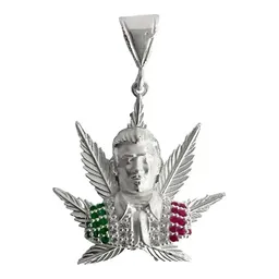 Dije Jesús Malverde Cannabis Tricolor de Plata .925 con Zirconia - Imagen 1