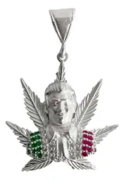 Dije Jesús Malverde Cannabis Tricolor Plata .925 con Zirconi - Imagen 1