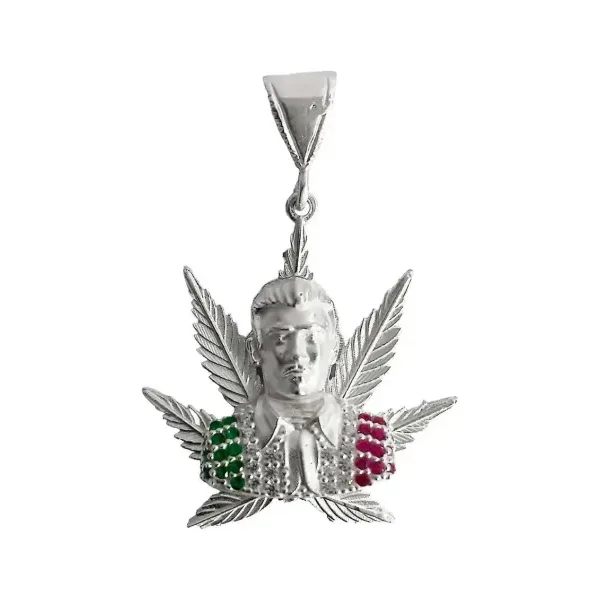 Dije Jesús Malverde Cannabis Tricolor Plata .925 con Zirconi - Imagen 1