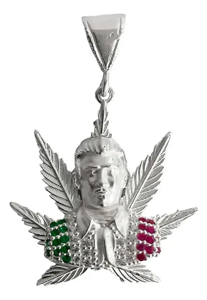 Dije Jesús Malverde Cannabis Tricolor Plata .925 con Zirconi - Imagen 1