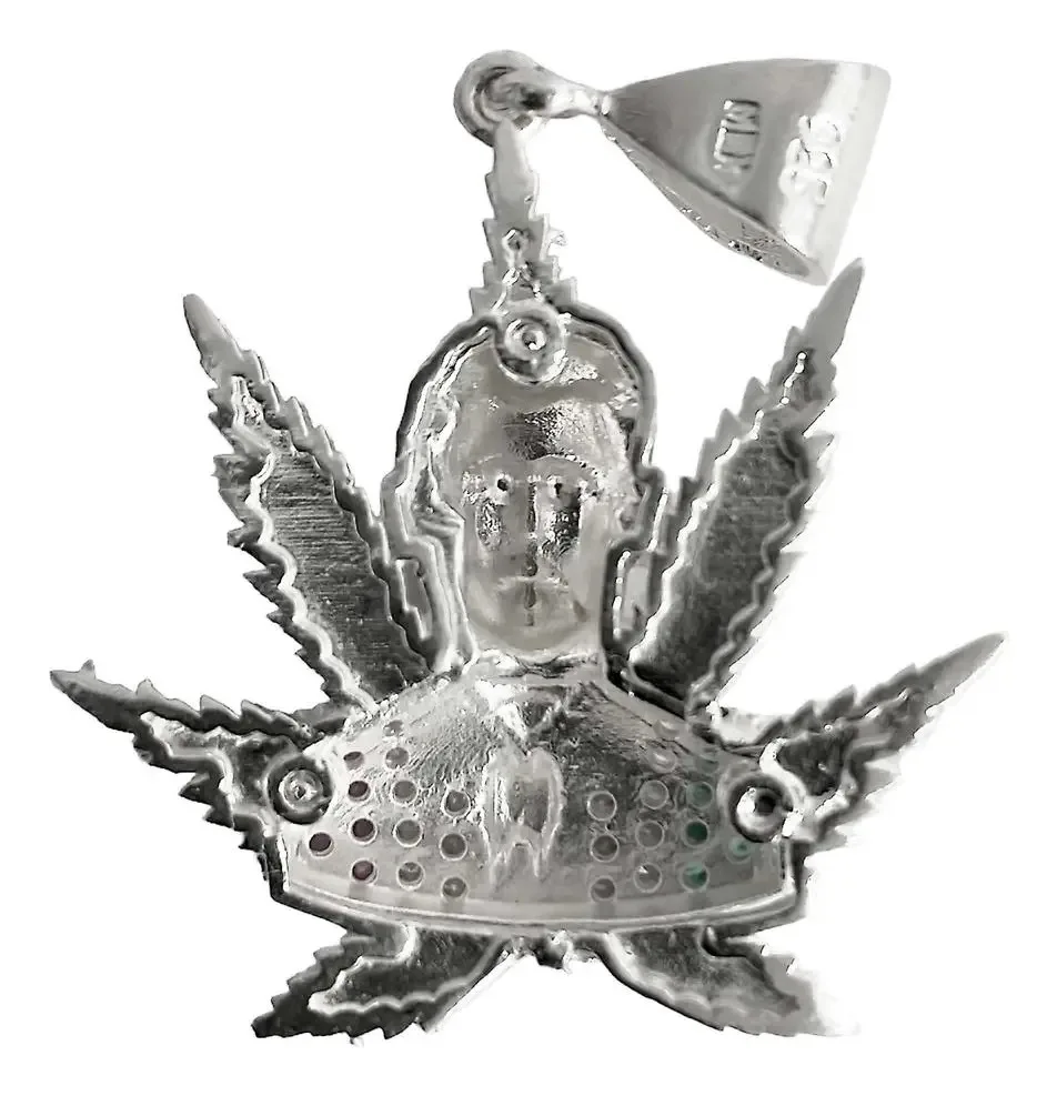 Dije Jesús Malverde Cannabis Tricolor Plata .925 con Zirconi - Imagen 2