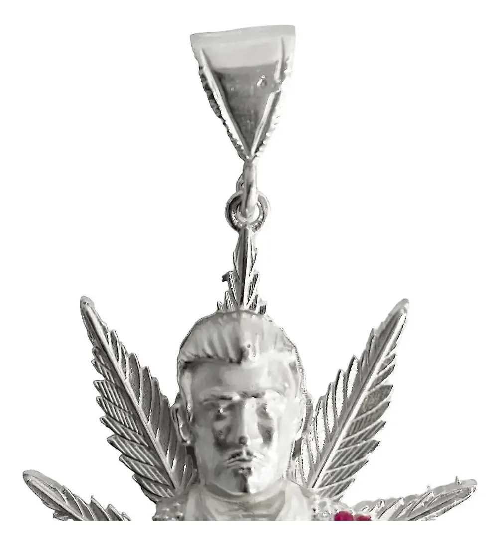 Dije Jesús Malverde Cannabis Tricolor Plata .925 con Zirconi - Imagen 3