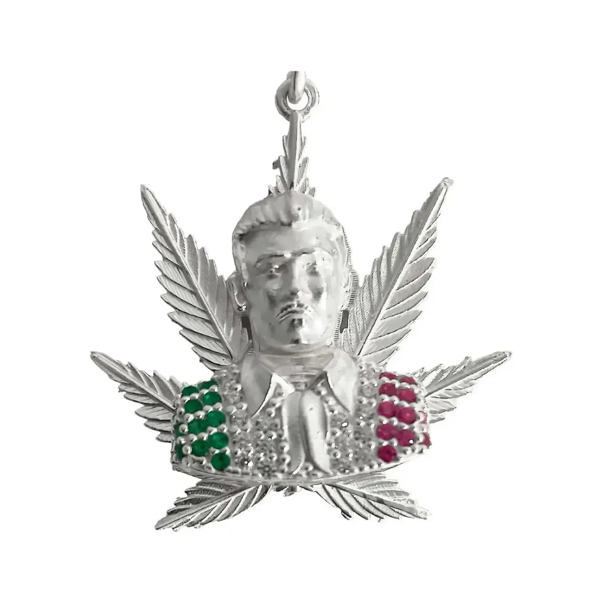 Dije Jesús Malverde Cannabis Tricolor Plata .925 con Zirconi - Imagen 4