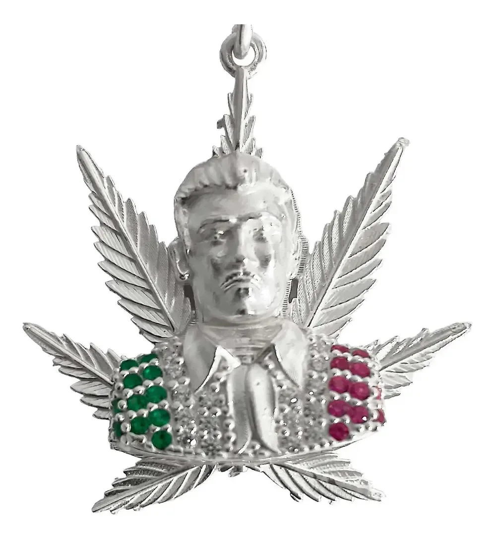 Dije Jesús Malverde Cannabis Tricolor Plata .925 con Zirconi - Imagen 4
