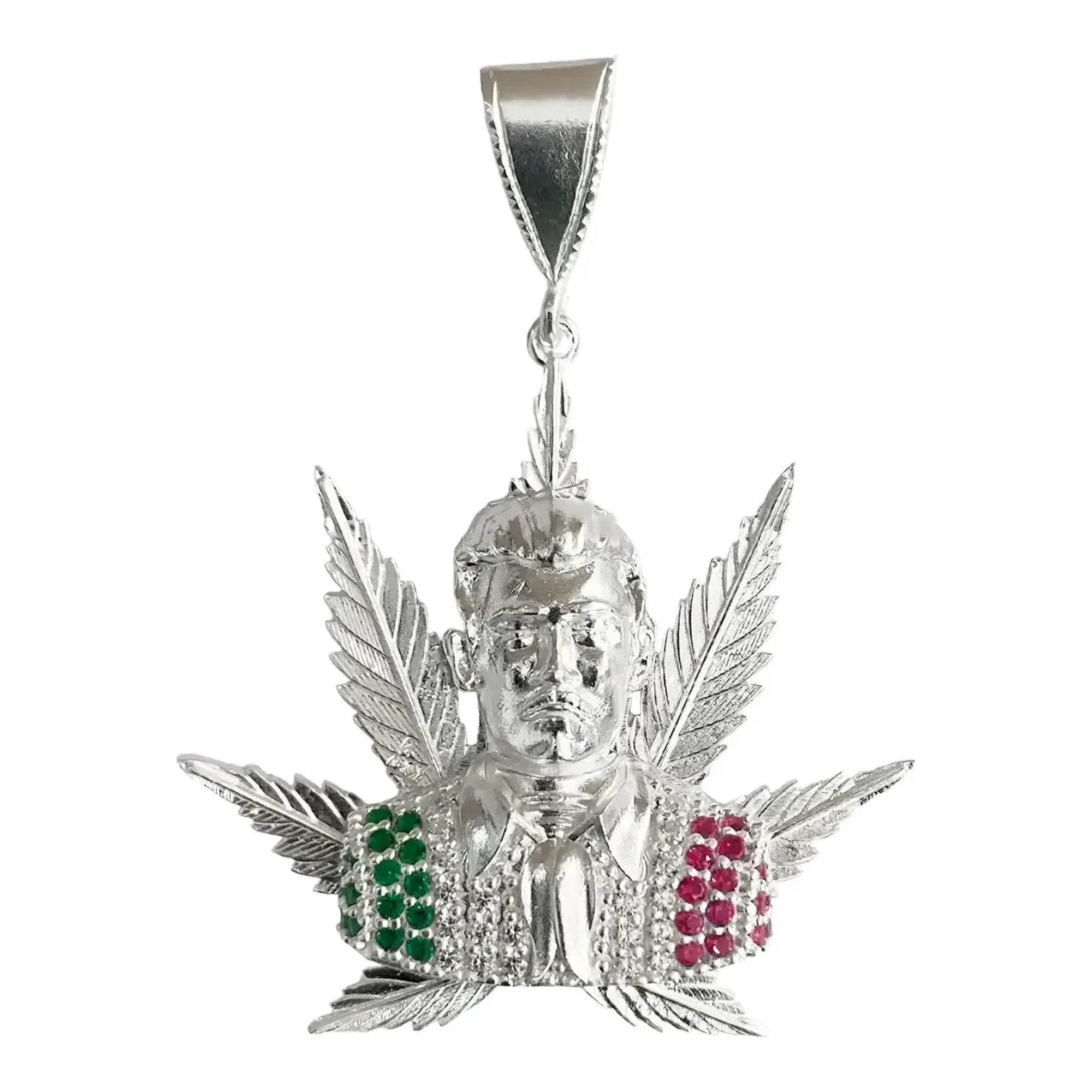 Dije Jesús Malverde Cannabis con Zirconia Plata .925 - Imagen 1