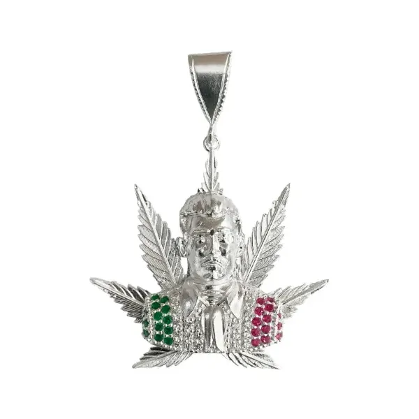 Dije Jesús Malverde Cannabis con Zirconia Plata .925 - Imagen 1