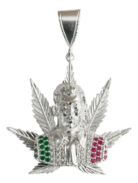 Dije Jesús Malverde Cannabis con Zirconia Plata .925 - Imagen 1