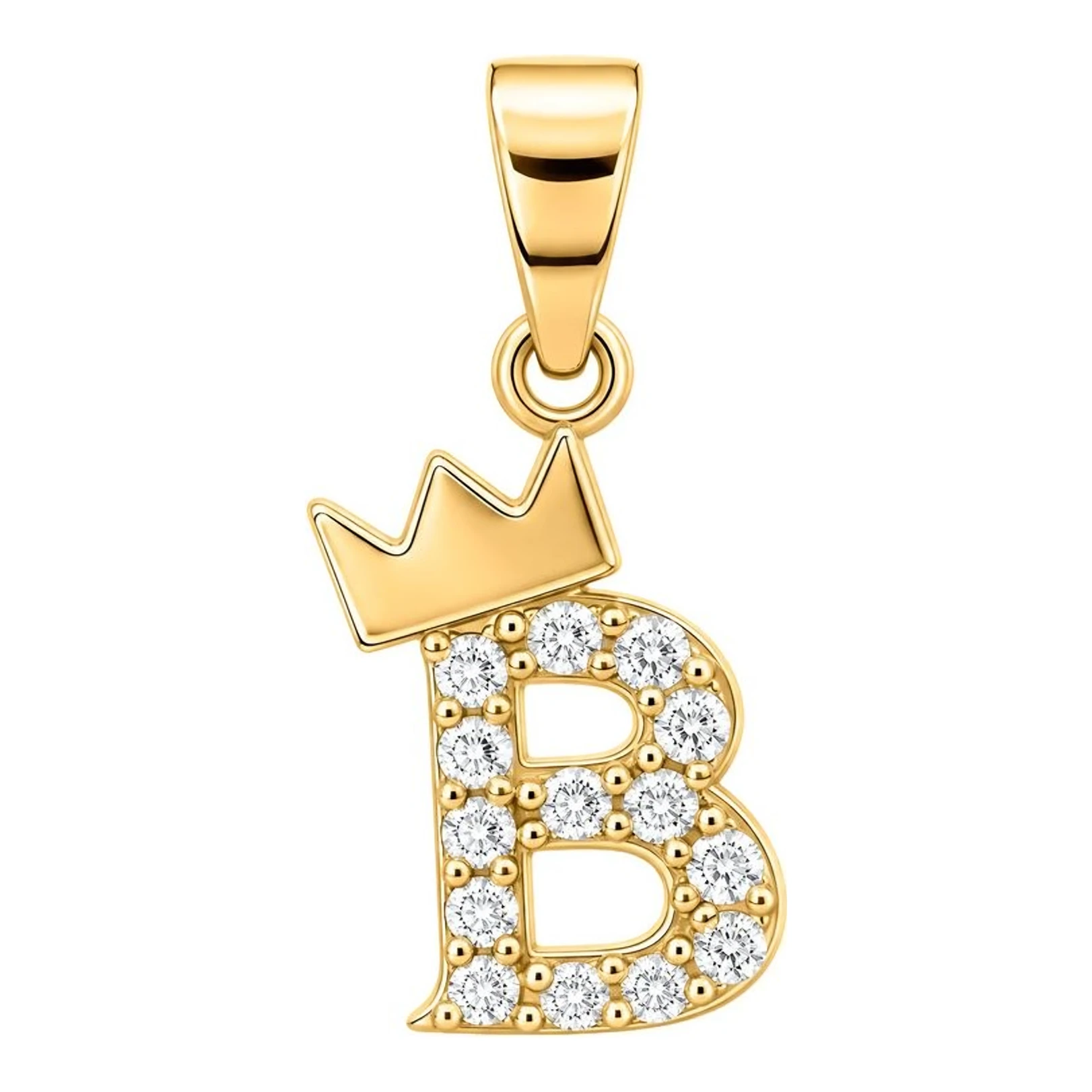 Dije de letra B con corona en oro amarillo de 10k y zirconias blancas de 20 mm - Joyaris joyería fina mexicana