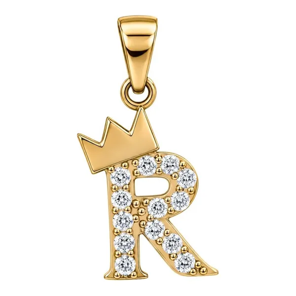 Dije letra R con corona de oro 10k nacional y zirconias de 20 mm - Joyaris joyería fina mexicana