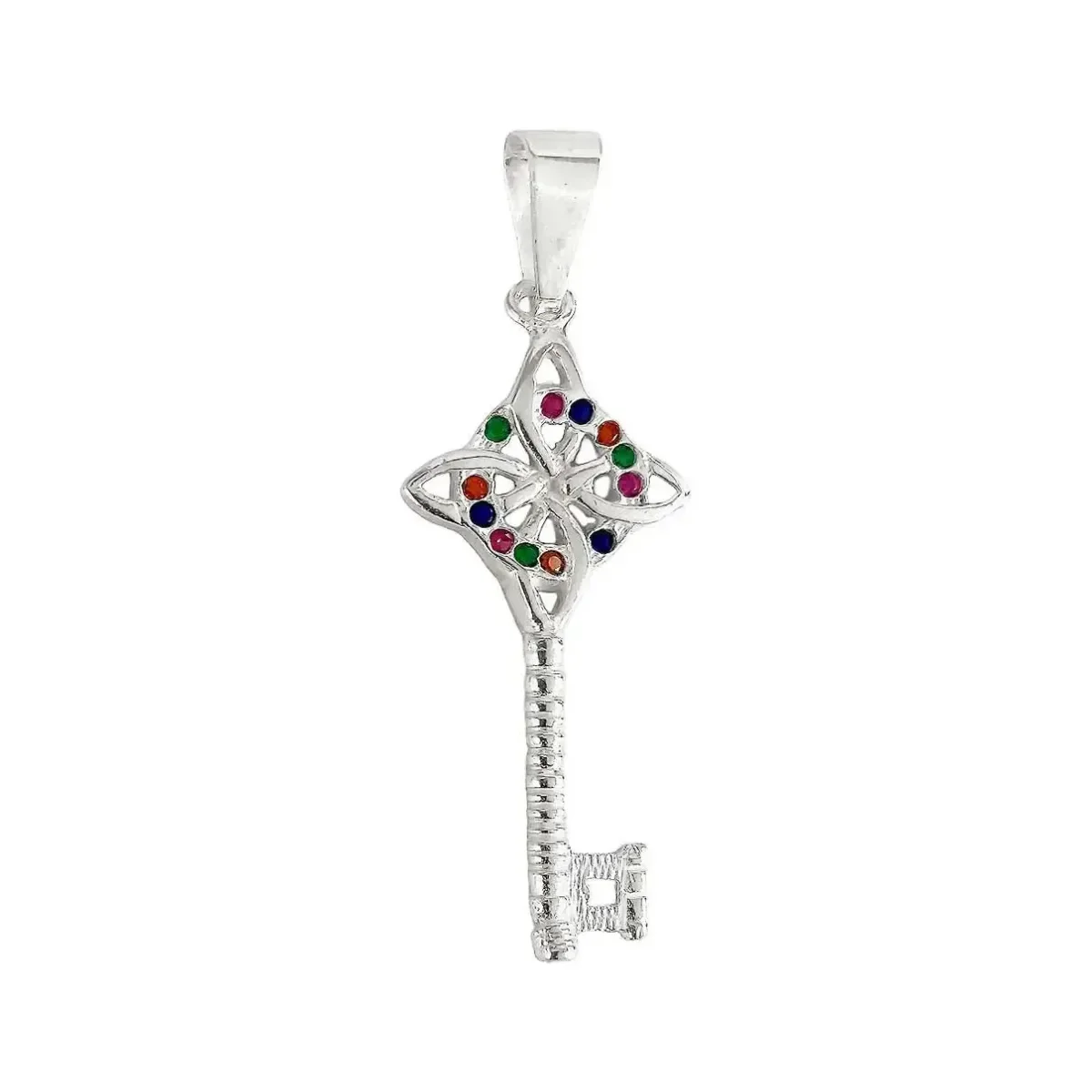 Dije Llave Nudo Bruja Celta Plata .925 con Zirconia Multicolor, joyería mágica de protección, diseño místico para mujer, colg
