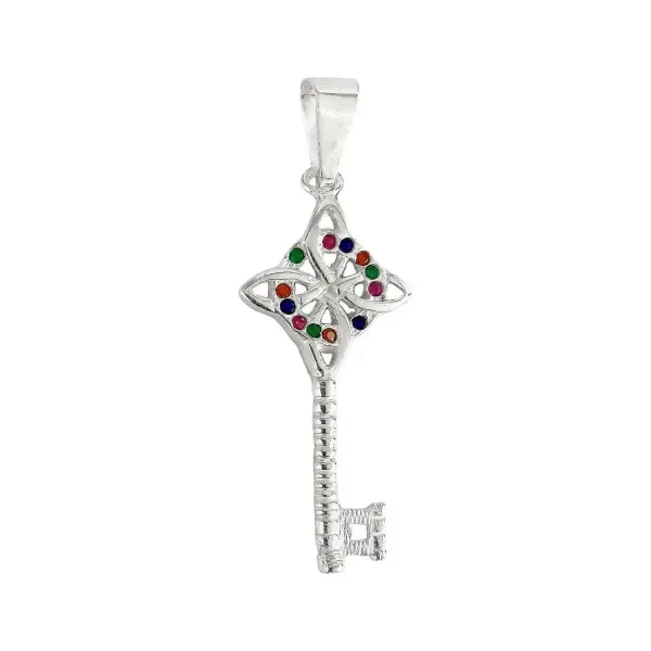 Dije Llave Nudo Bruja Celta Plata 925 con Zirconia Multicolor - Imagen 1
