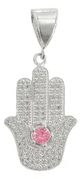 Dije Mano de Fátima Plata 999 Ojo Turco Rosa con Zirconia - Imagen 1
