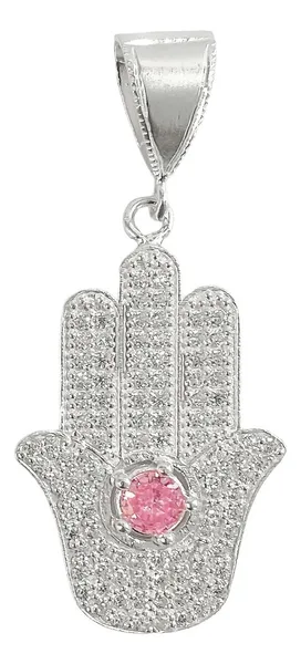 Dije Mano de Fátima Plata 999 Ojo Turco Rosa con Zirconia - Imagen 1