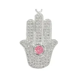 Dije Mano de Fátima Plata 925 Ojo Turco Rosa con Zirconia - Imagen 2