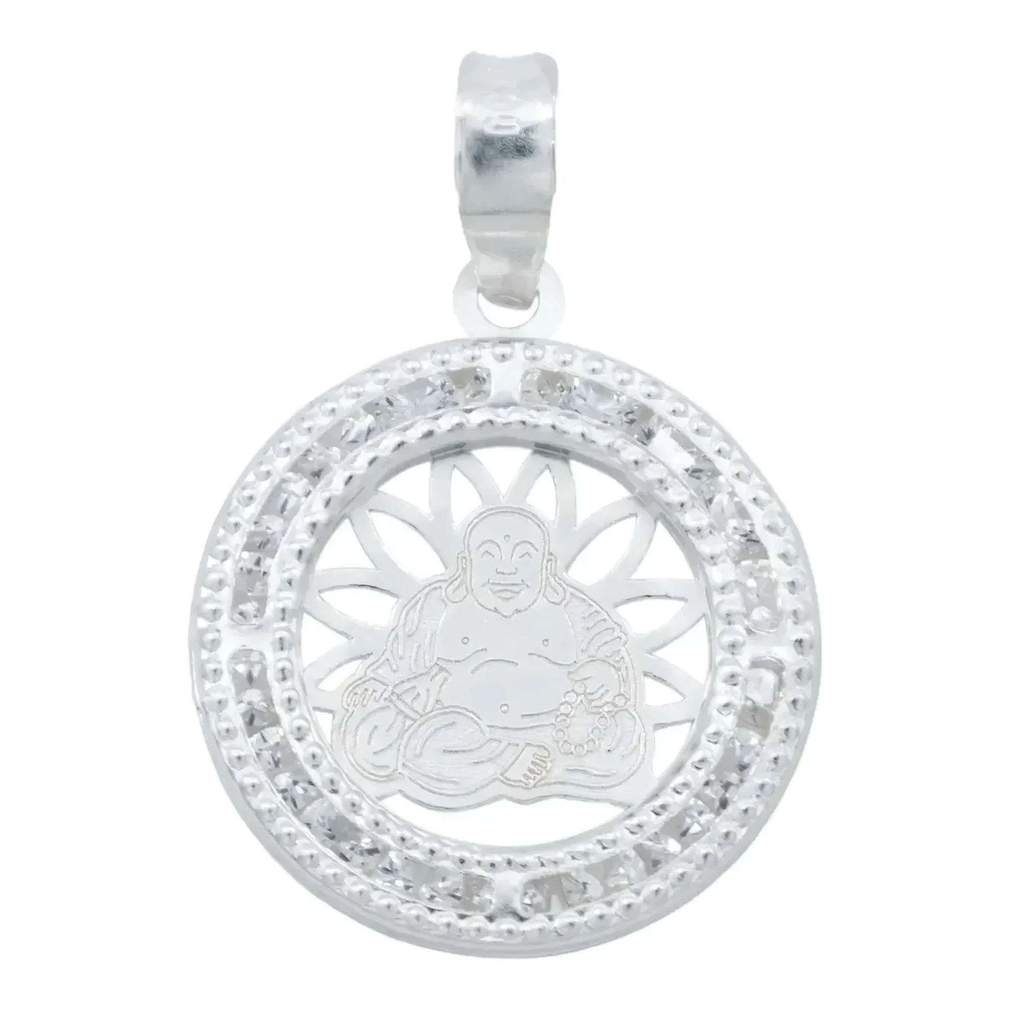Dije medalla Buda plata .925 brillante para hombre con zirconia incrustada, silueta grabada láser y broche perico integrado
