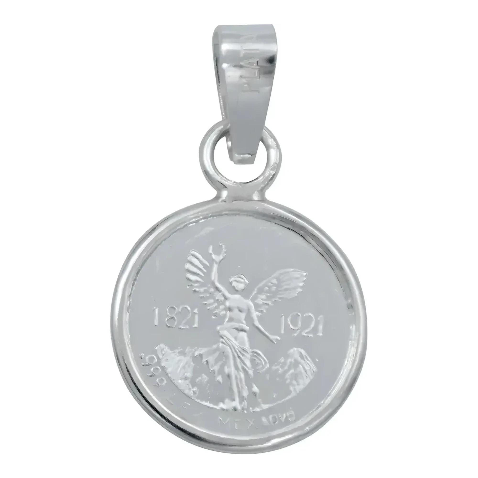 Dije medalla centenario ángel de la independencia en plata fina .999 nacional acabado liso con incrustación de zirconia