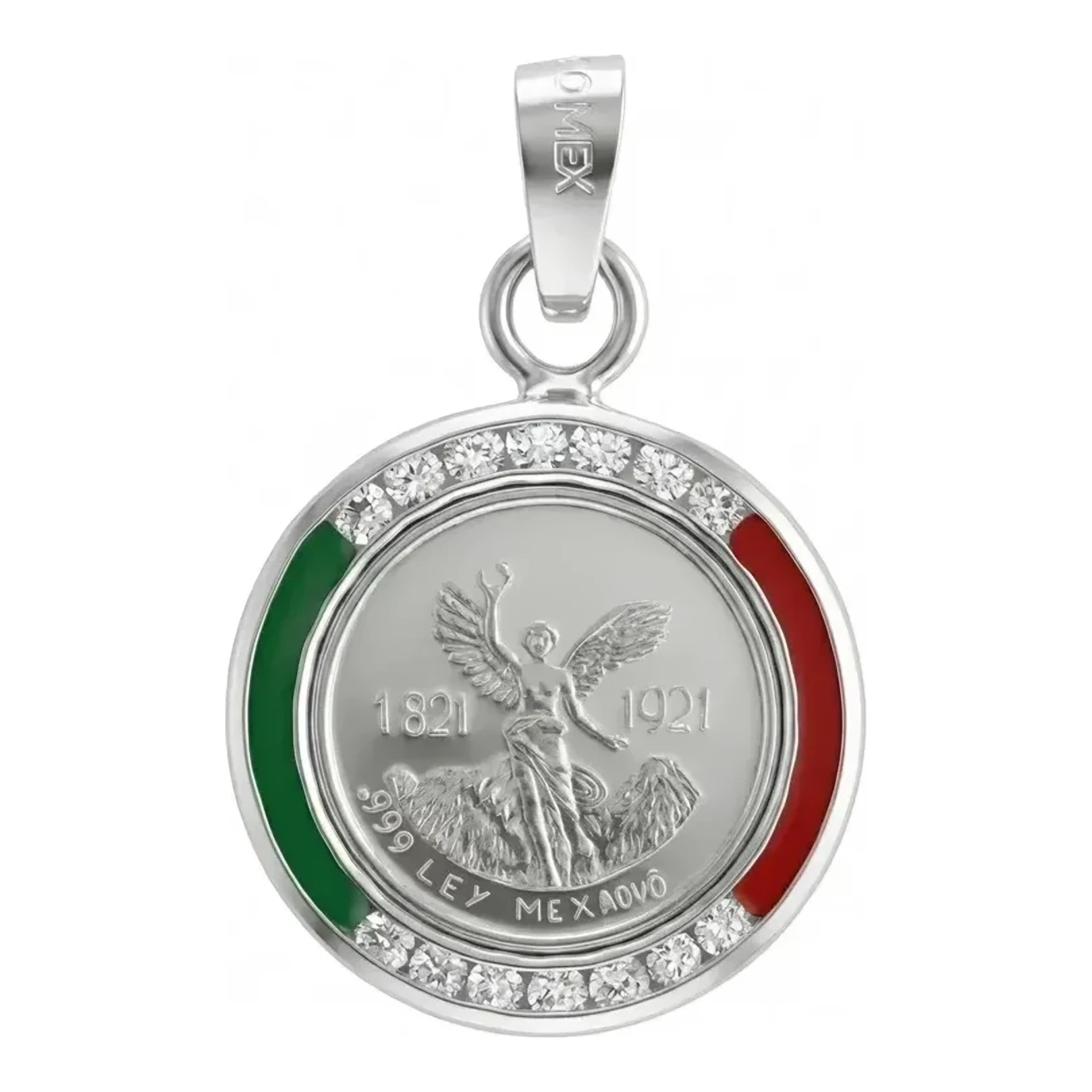 Dije Medalla Centenario Plata 999 con Zirconia Verde vibrante. Joyería moderna mexicana, colgante plata mujer de calidad, dis