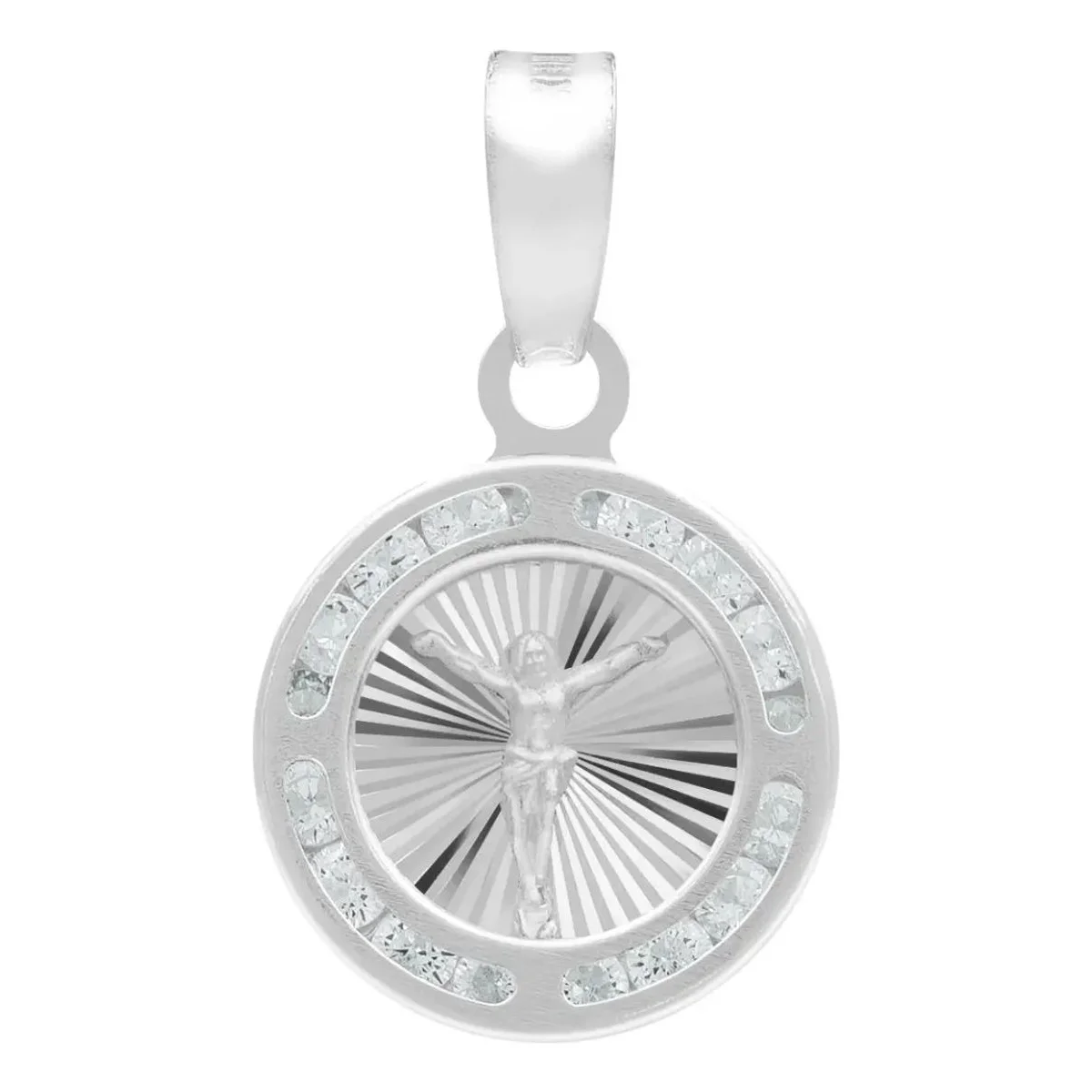 Dije Medalla Cristo Crucificado Plata 925 con Zirconia brillante. Colgante cruz plata, dije jesucristo plata para mujer.