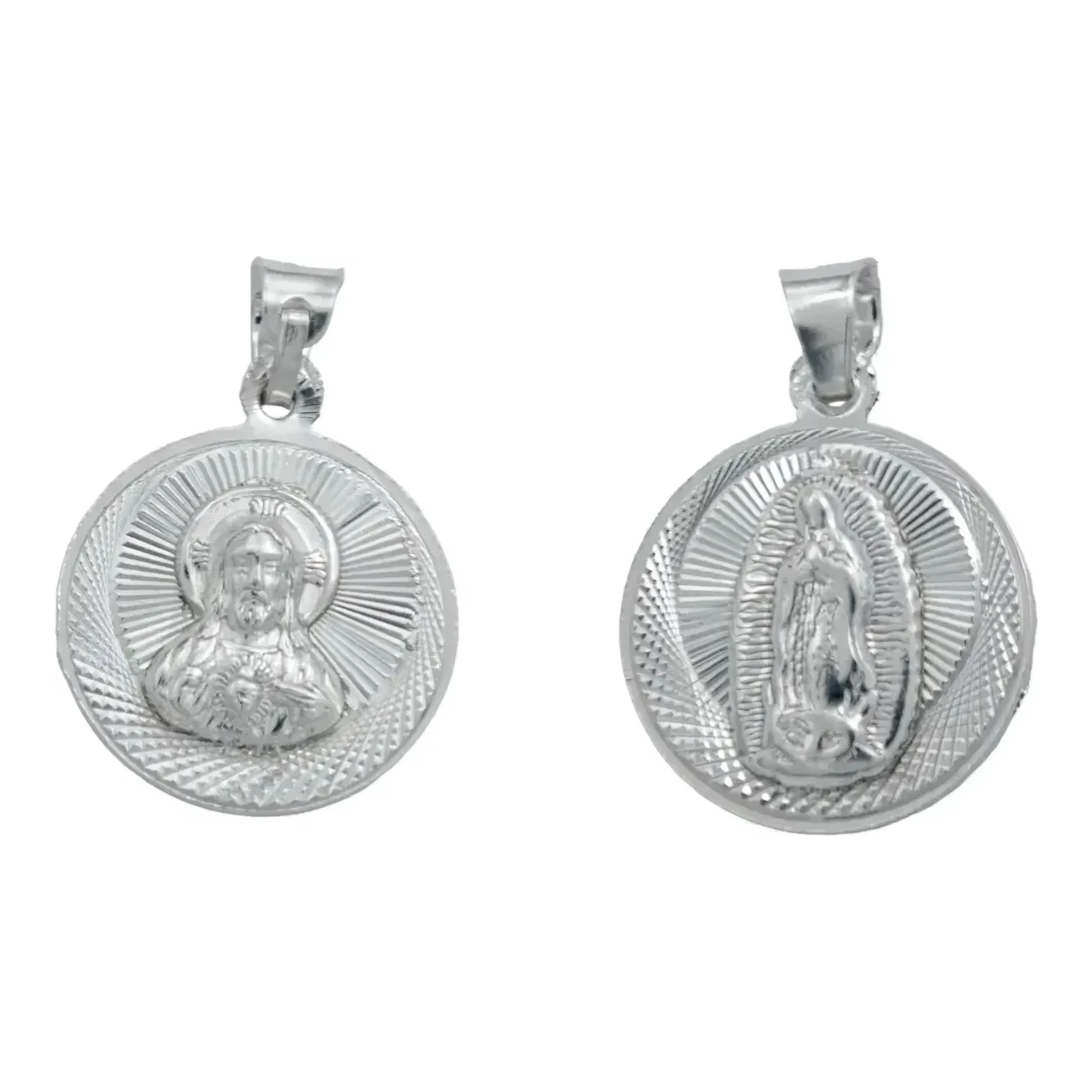 Dije medalla doble vista Virgen de Guadalupe y Sagrado Corazón de Jesús en plata ley .925 nacional brillante de 25x17 mm