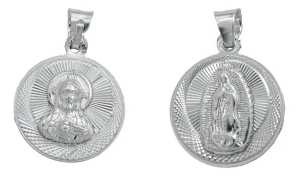 Dije Medalla Doble Vista Virgen Sagrado Corazón Plata Ley .925 - Imagen 1