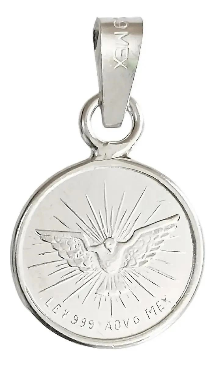 Dije Medalla Espíritu Santo Plata 999, joya artesanal mexicana. Colgante religioso unisex de plata fina, ideal para fe.