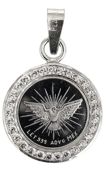 Dije Medalla Espíritu Santo Plata Ley .999 con Zirconia - Imagen 1