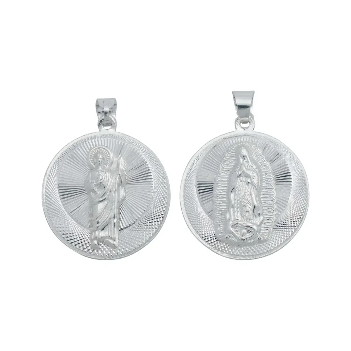 Dije Medalla Plata .925 maciza San Judas Tadeo Virgen Guadalupe, diseño doble cara, joyería religiosa plata mexicana, colgant