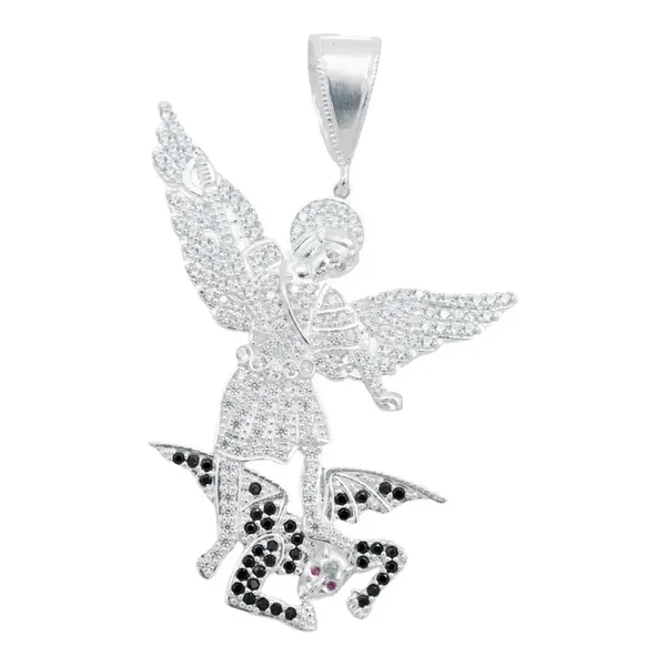 Dije Medalla Plata 925 San Miguel Arcángel con Zirconia Fucsia - Imagen 1