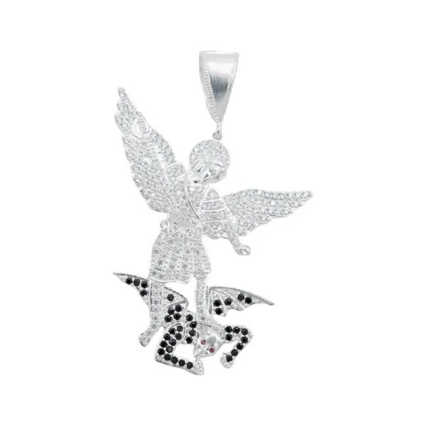 Dije Medalla Plata 925 San Miguel Arcángel con Zirconia Fucsia - Imagen 1