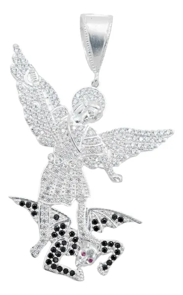 Dije Medalla Plata 925 San Miguel Arcángel con Zirconia Fucsia - Imagen 1