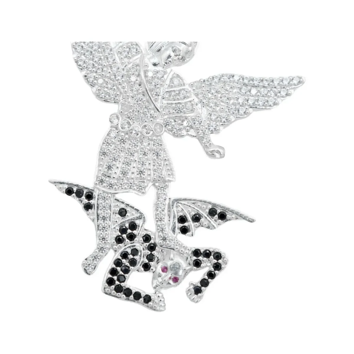 Dije Medalla Plata 925 San Miguel Arcángel con Zirconia Fucsia - Imagen 3