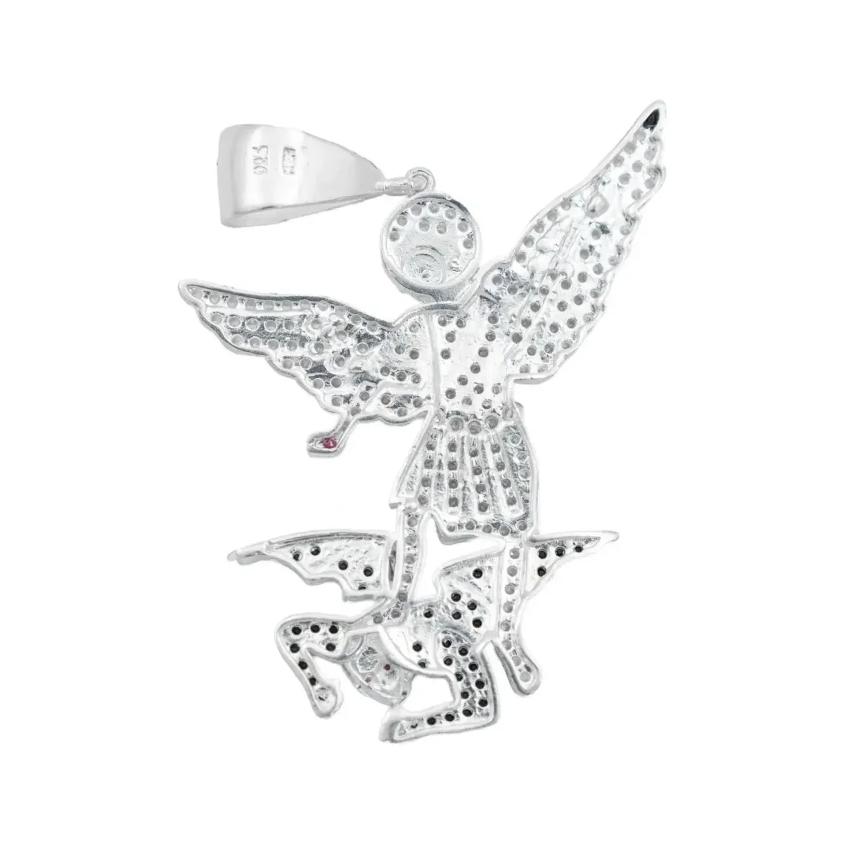 Dije Medalla Plata 925 San Miguel Arcángel con Zirconia Fucsia - Imagen 4