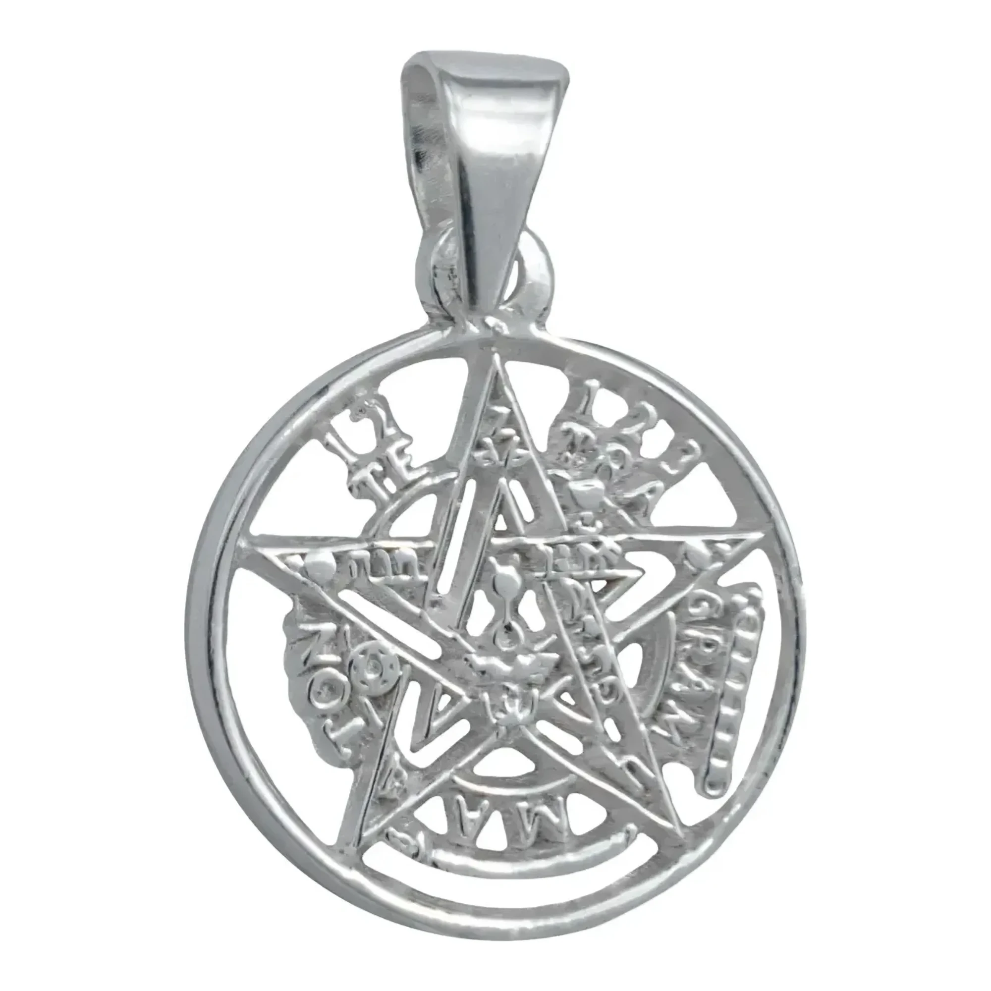 Dije medalla tetragramatón en plata .925 nacional con grabado esotérico de protección mística y broche perico resistente