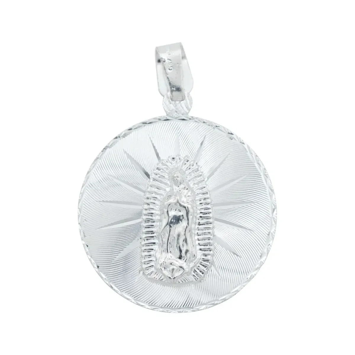 Dije Medalla Virgen Guadalupe Plata .925 con acabado diamantado, joyería religiosa moderna, pieza de plata hecha a mano, amul