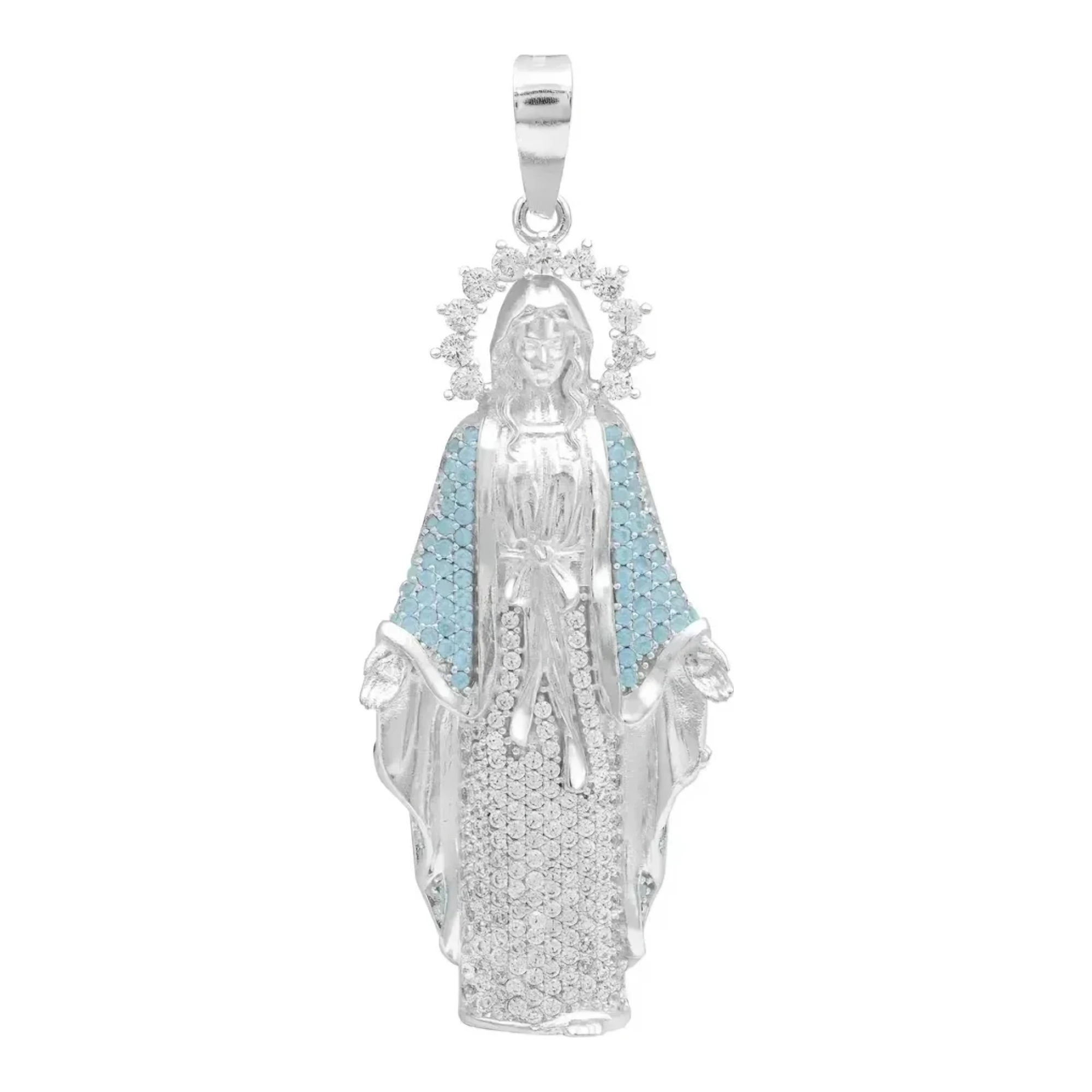 Dije medalla de la Virgen Maria plata .925 con zirconia celeste, acabado liso y broche perico, joyeria religiosa femenina