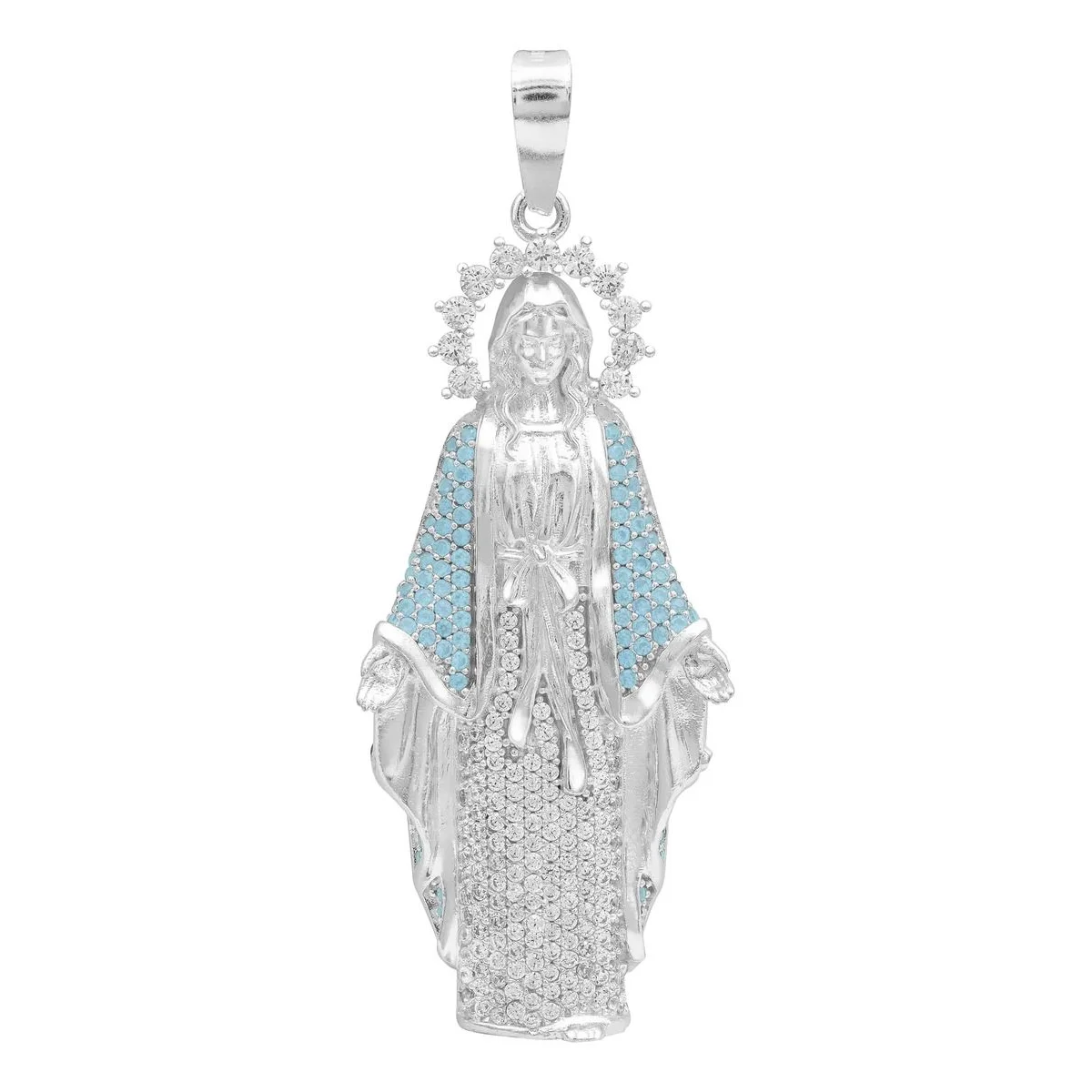 Dije Medalla Virgen Milagrosa Plata .925 con Zirconia Celeste, joyería religiosa certificada, colgante plata ley 925