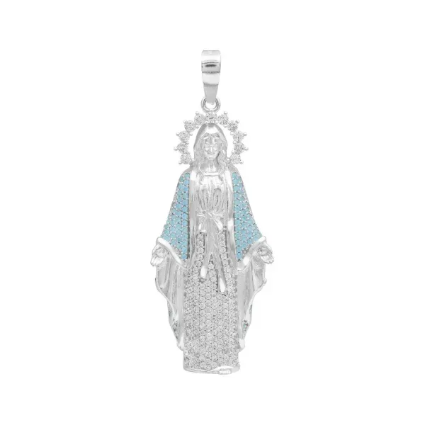Dije Medalla Plata .925 Virgen Milagrosa Zirconia Celeste - Imagen 1